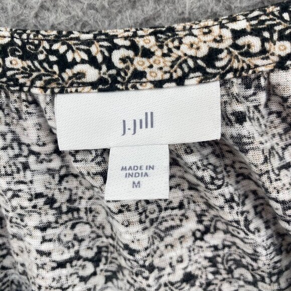 J Jill Top Womens Medium Ivory Black Floral 1/4 Button Long Sleeve Stretch Knit - Picture 5 of 10